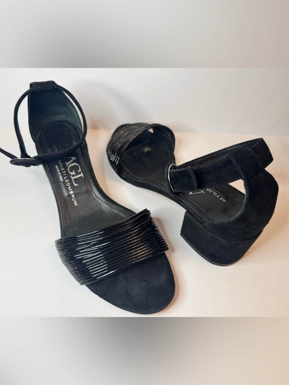 AGL Attilio Giusti Leombruni Black Leather Sandals 39 Made in Italy Block Heel